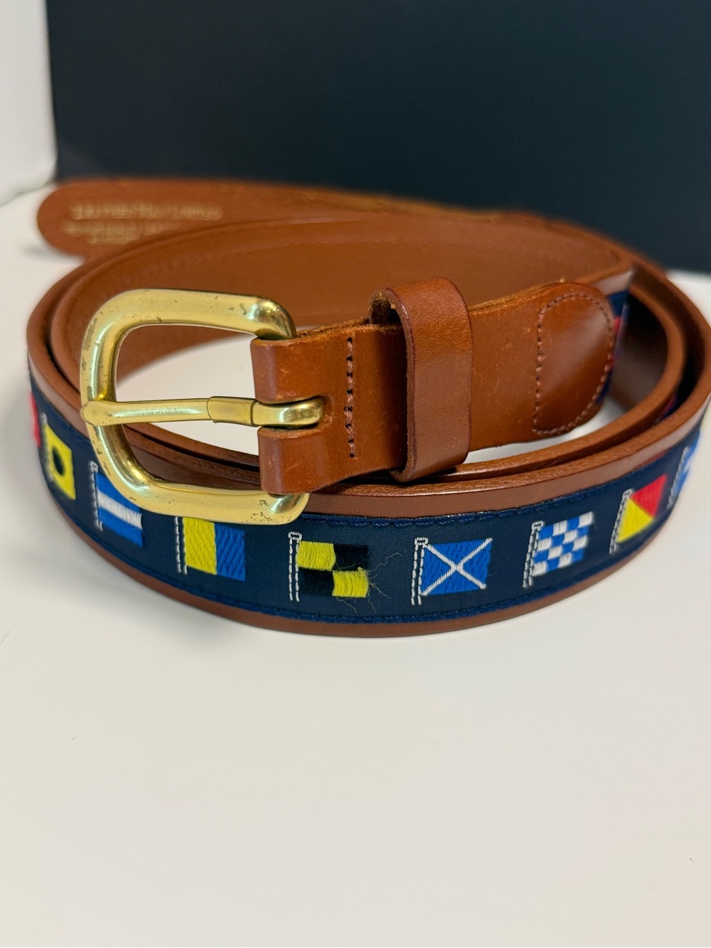 Leather Man Ltd Brown Leather Belt Nautical Flag Ribbon and Brass Buckle Size 46